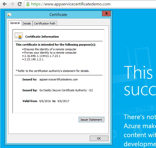 Web App endpoint secured with App Service Certificate