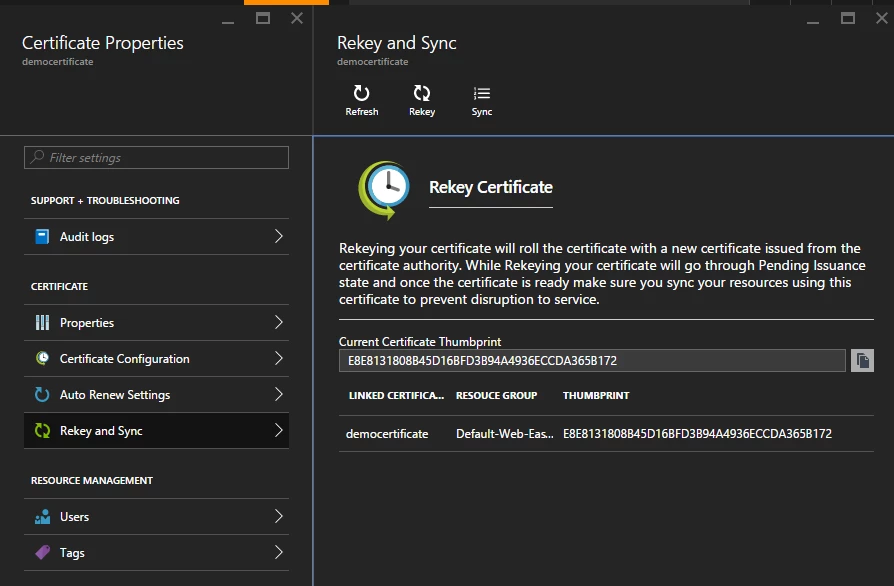 App Service Certificate ReKey and Sync