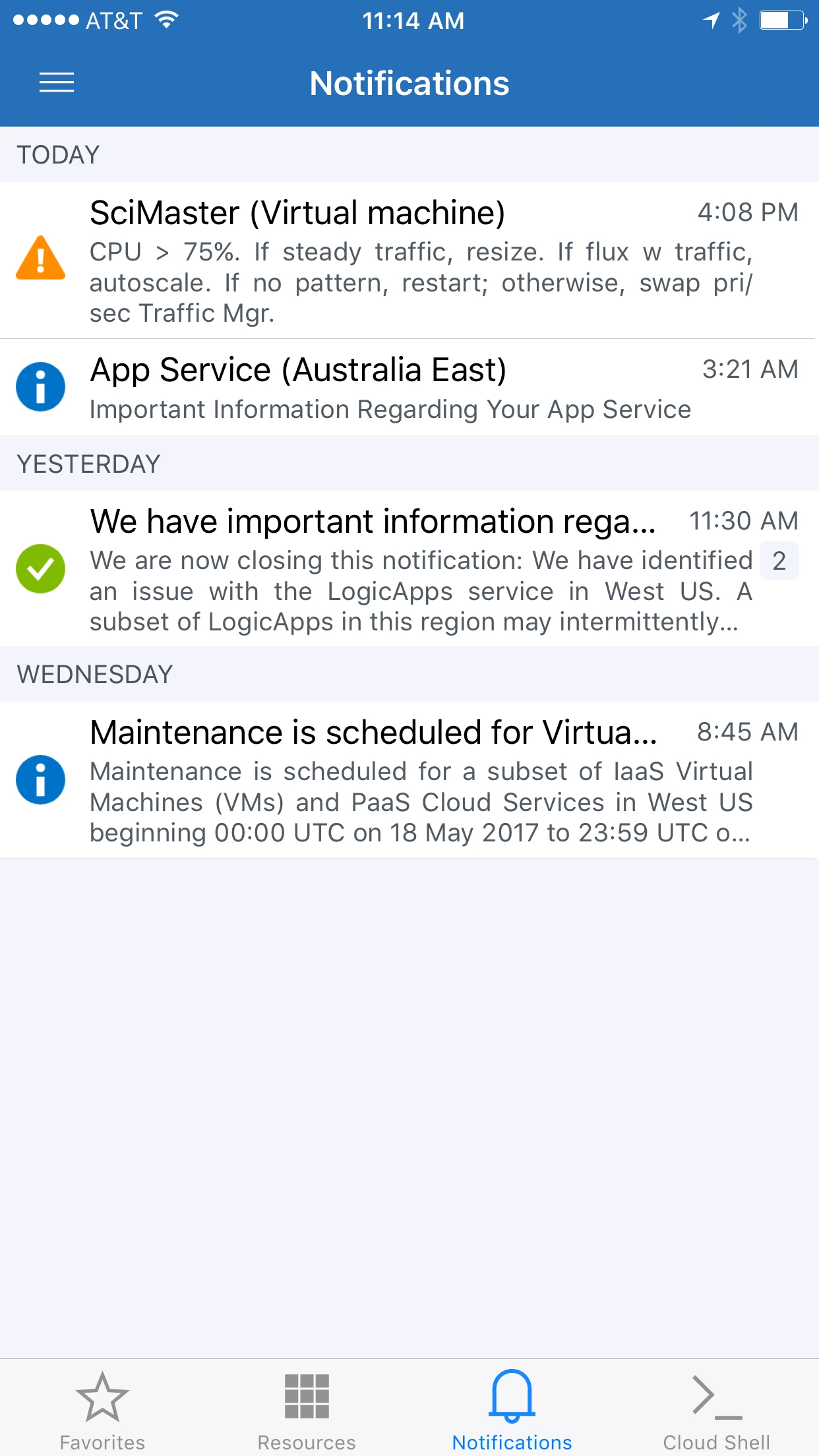 View Azure health and resource metric alerts on the Notifications tab