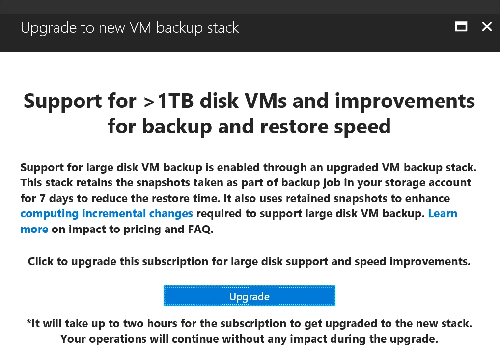 VM backup stack V2 enable screen