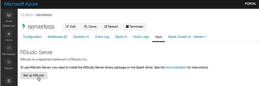 Partial screenshot of Azure Databricks showing button to set up RStudio