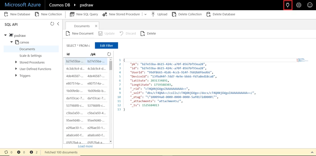 Screenshot of Azure Cosmos DB Explorer showing PXDraw project