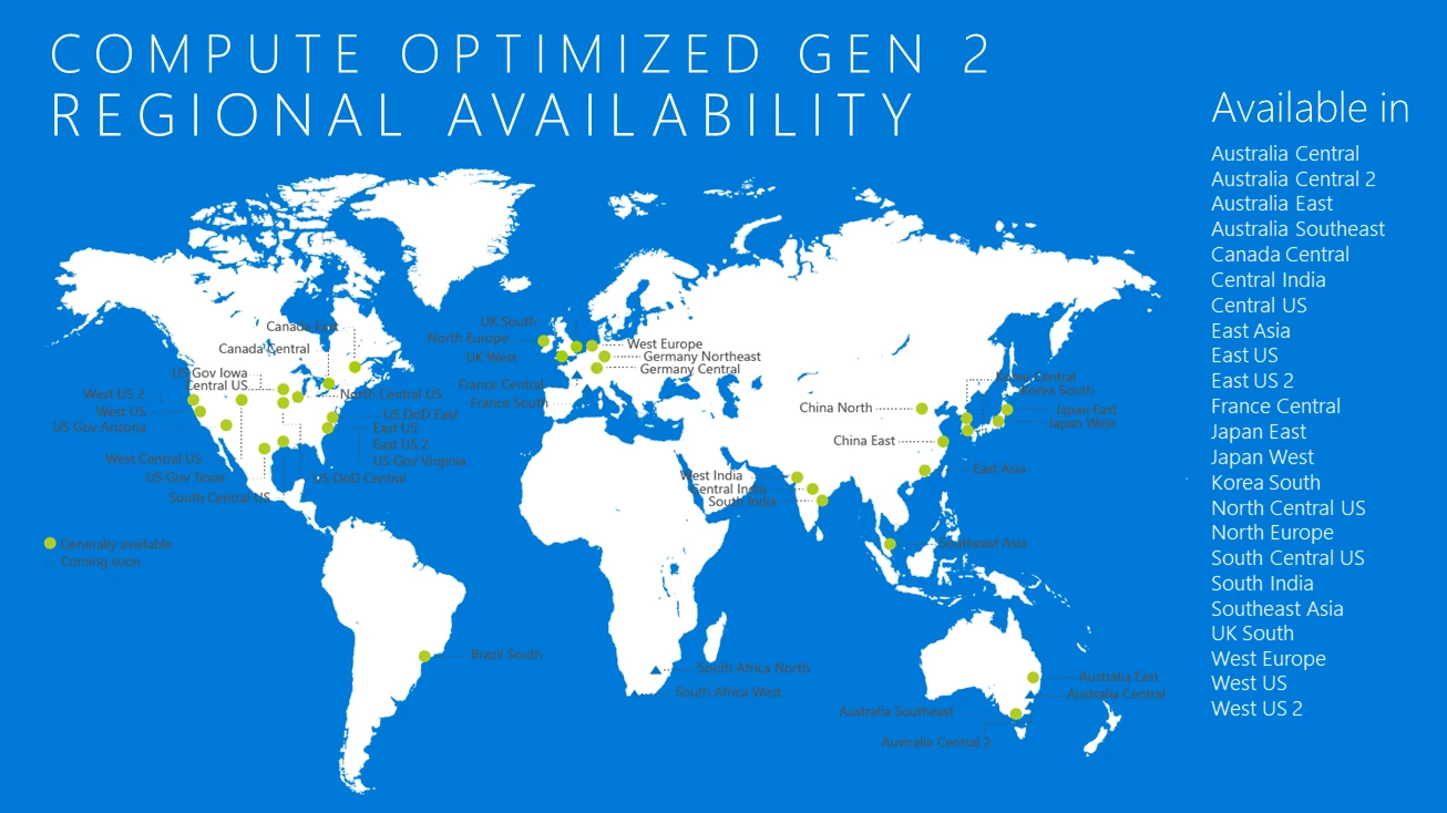 Compute Optimized Gen 2 Regional Availability