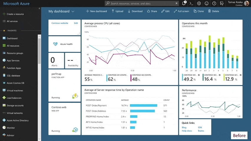 Animation showing the refreshed user interface in the Azure portal