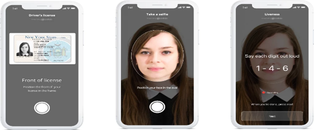Mobile device screenshots showing the Onfido Identity Verification Solution