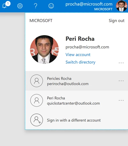 Account switching in the Azure portal for Peri Rocha