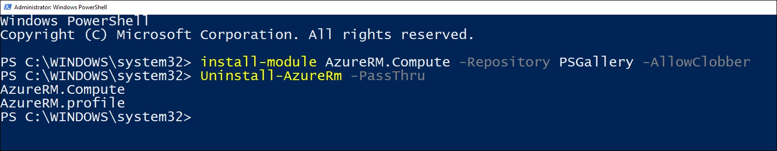 Screenshot of PowerShell session where Uninstall-AzureRm cmdlet was run. 