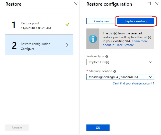 Screenshot of replace existing under restore configuration