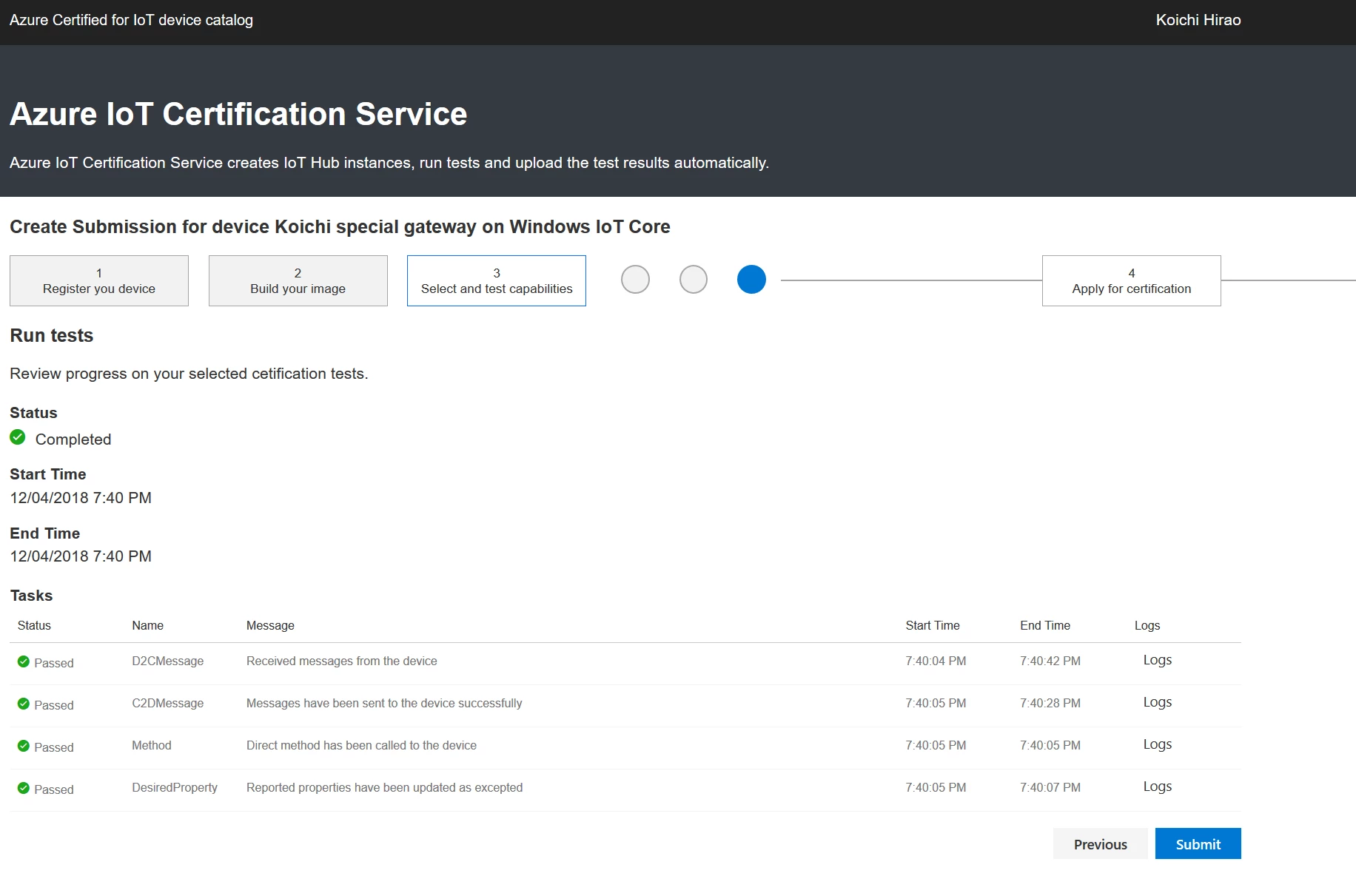 Test case run in Azure IoT Certification Service