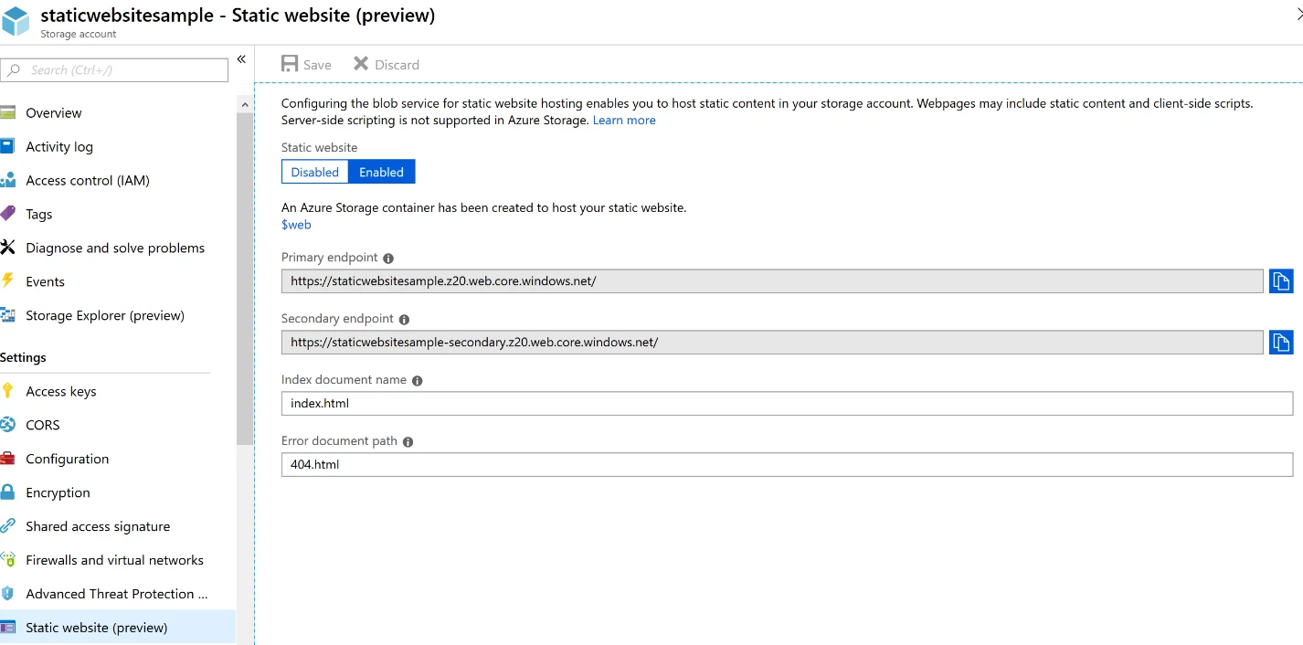 Screenshot from the Azure portal showing the setup of a static website on Azure Storage
