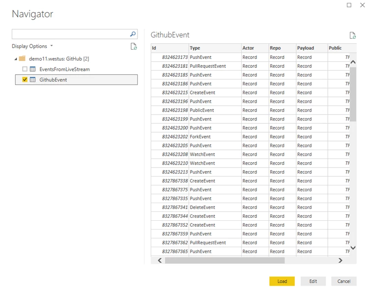 screenshot of Power BI being used to query GitHub public data