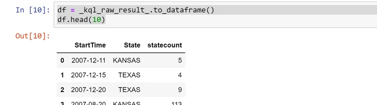 Screenshot pf placing result set into a pandas dataframe