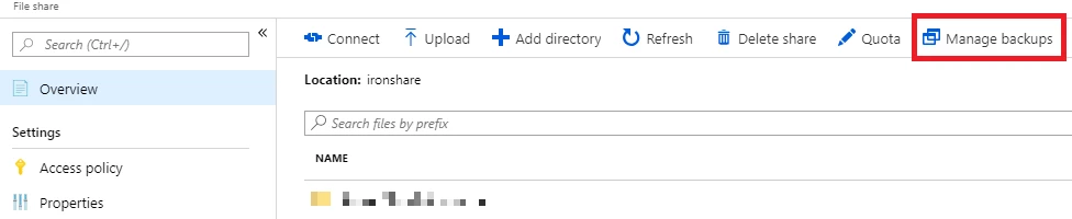 When you configure file sharing using Azure Backup, the "snapshots" button changes to "Manage backups."