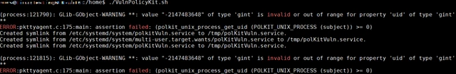 Screenshot of code showing errors regarding Polkit failing to handle uid field