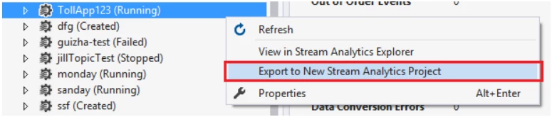 Screenshot of exporting to new Stream Analytics project