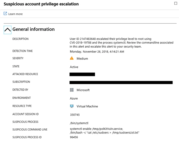 Screenshot of security alert in Azure Security Center