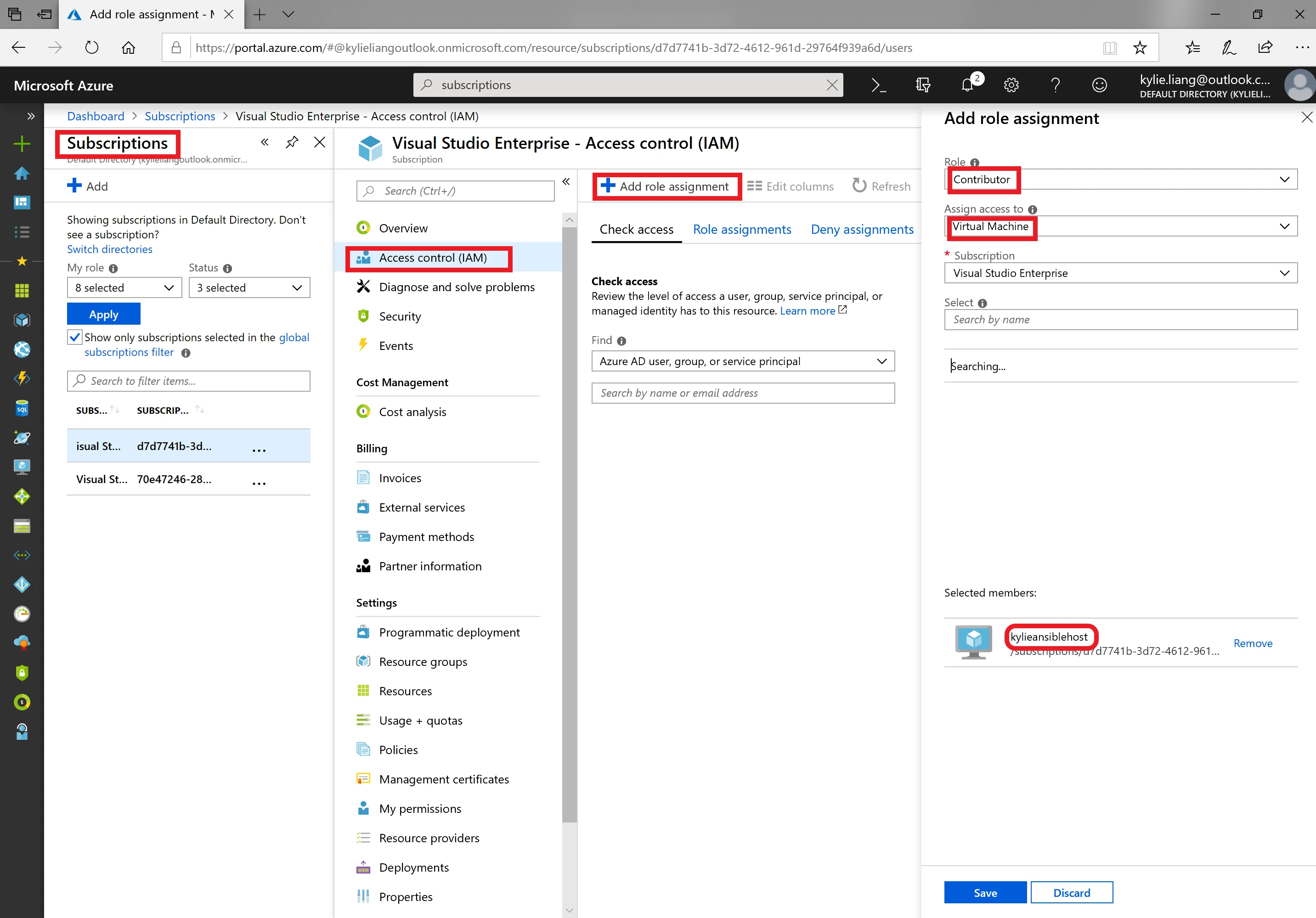 Screenshot of granting virtual machines access to subscriptions in the Azure portal