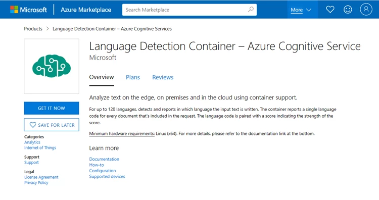 Screenshot of Language Detection Container offering in the Azure Marketplace