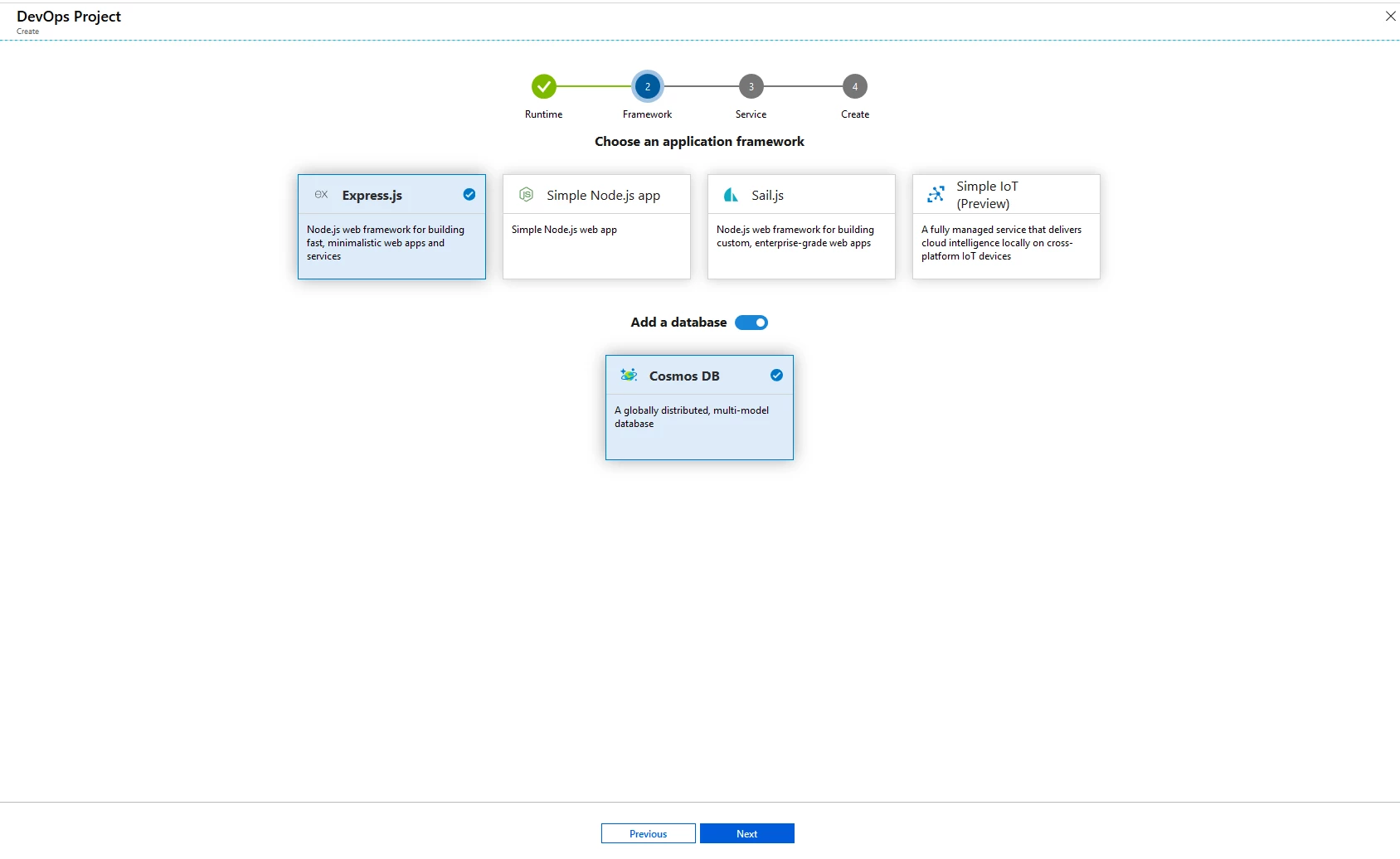 Select an Azure service to deploy the application screenshot