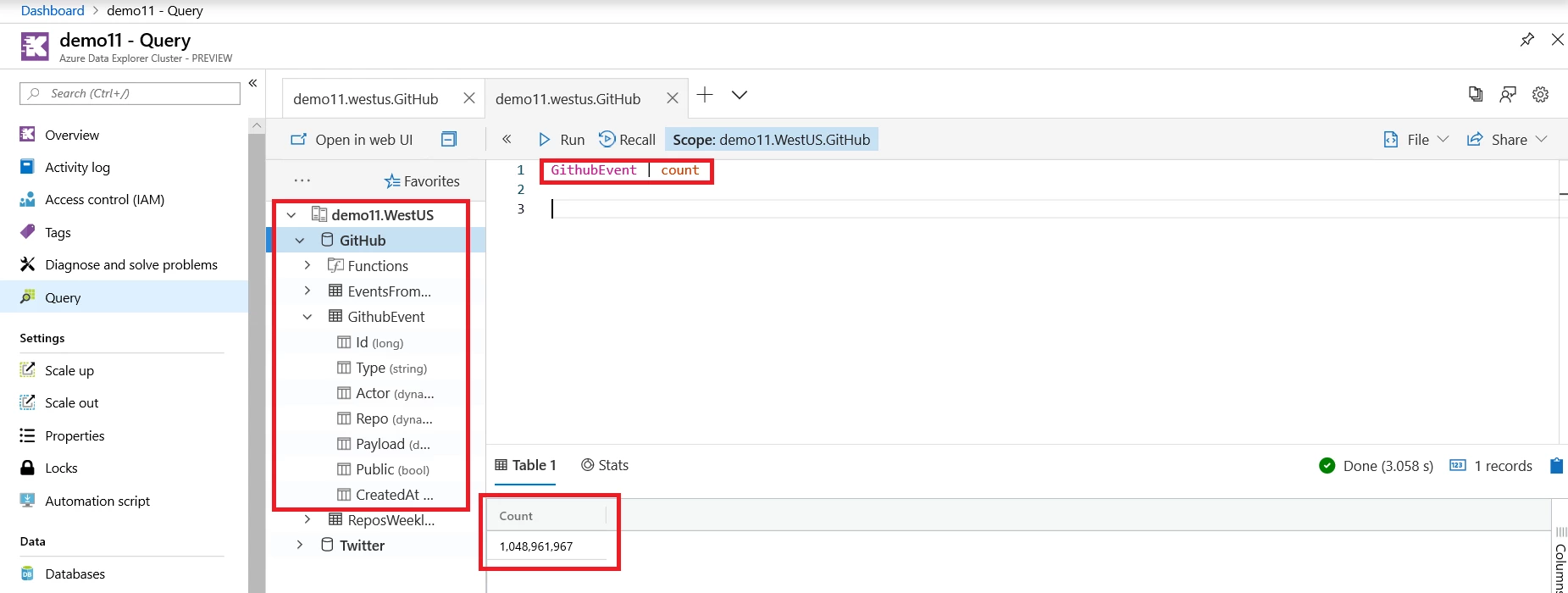 Screenshot of Azure Data Explorer demo11 and GitHub database