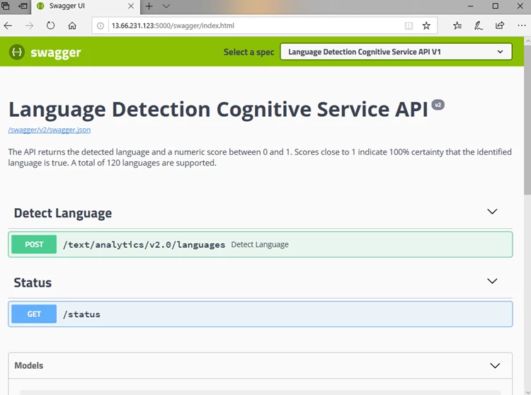 Screenshot showing a detailed description of the Language Detection Cognitive Service API
