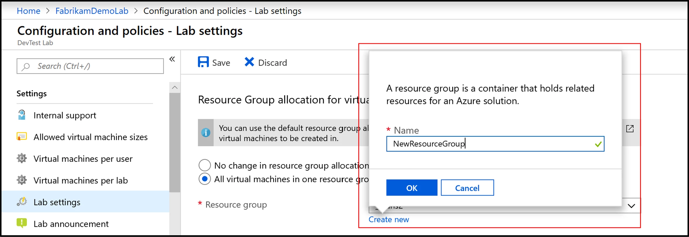 Screenshot of entering a new resource group