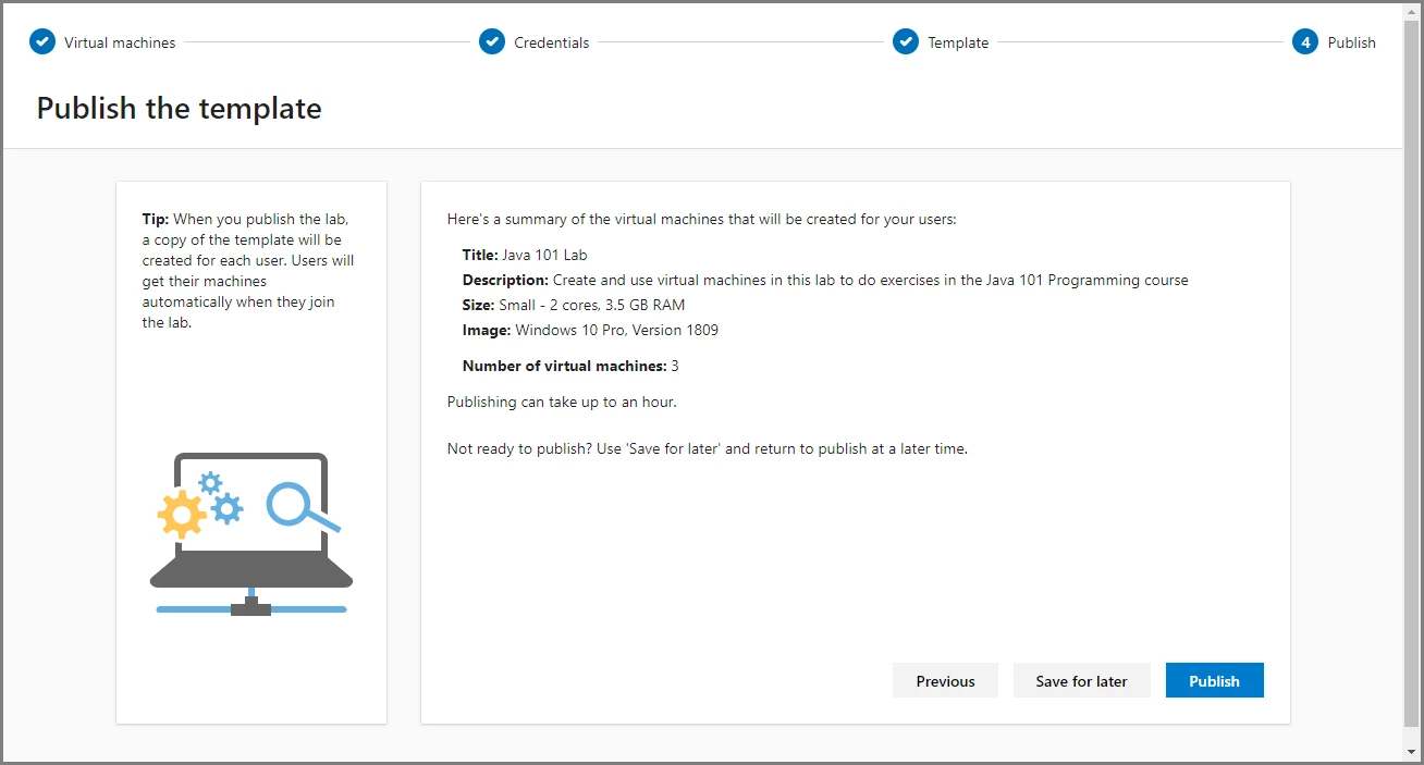 Publishing a template in Azure Lab Services