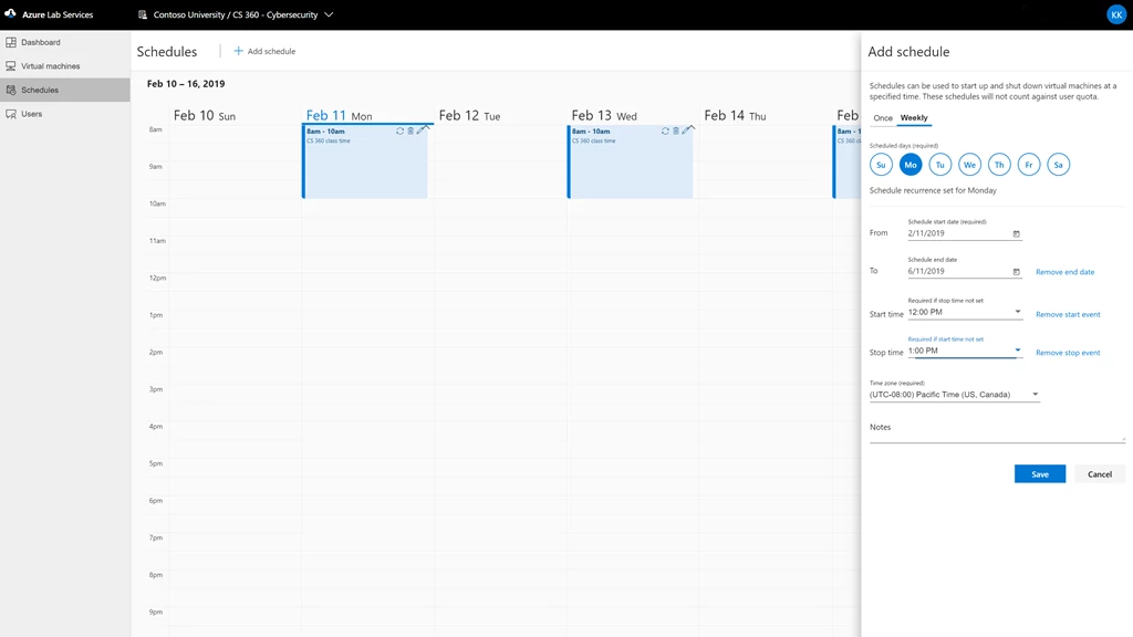 Screenshot of Azure Lab Services scheduling calendar