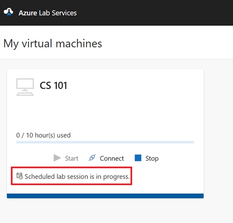 Screenshot of my virtual machines dashboard in Azure Lab Services