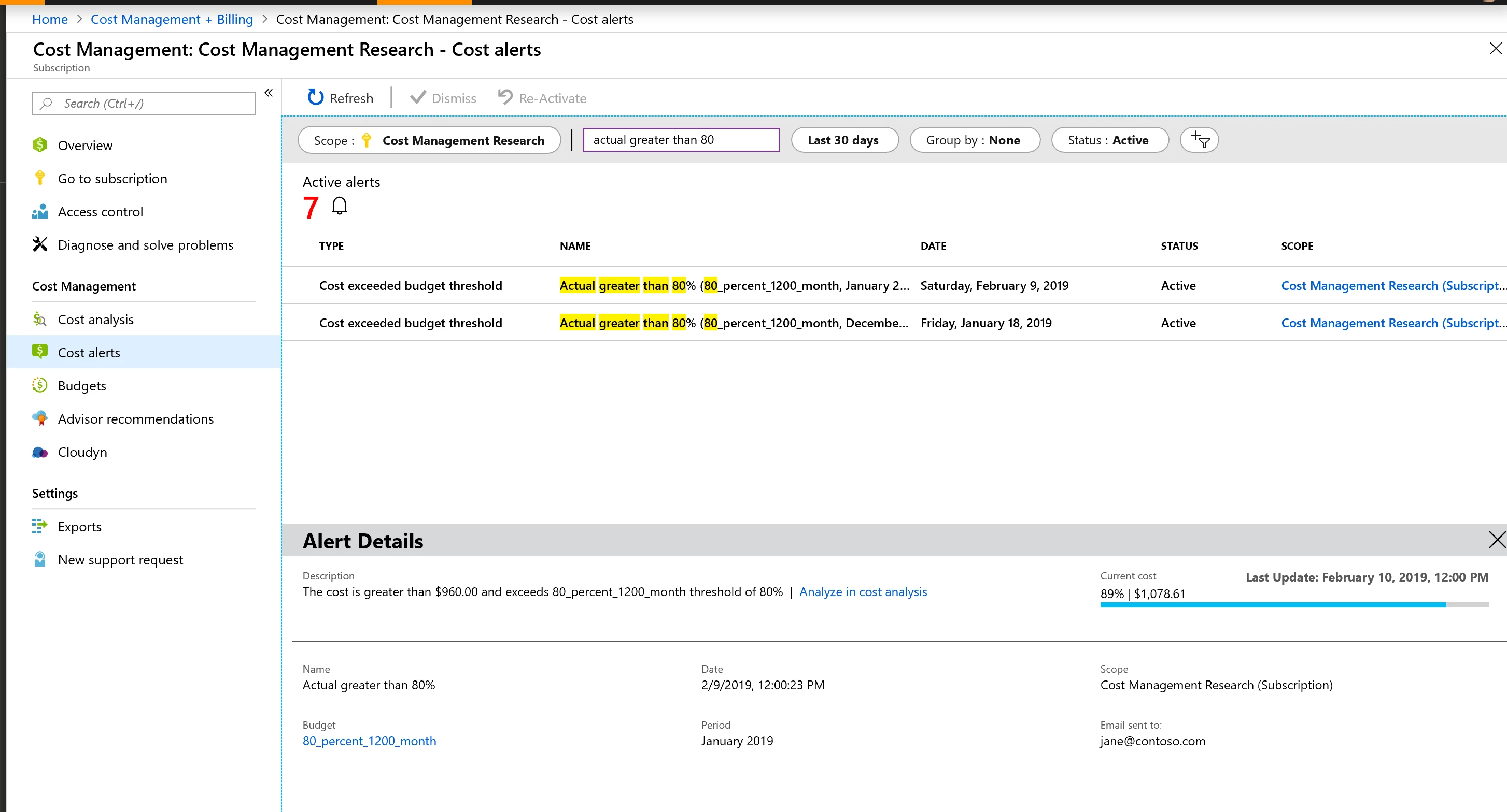 Cost management alerts in the Azure portal