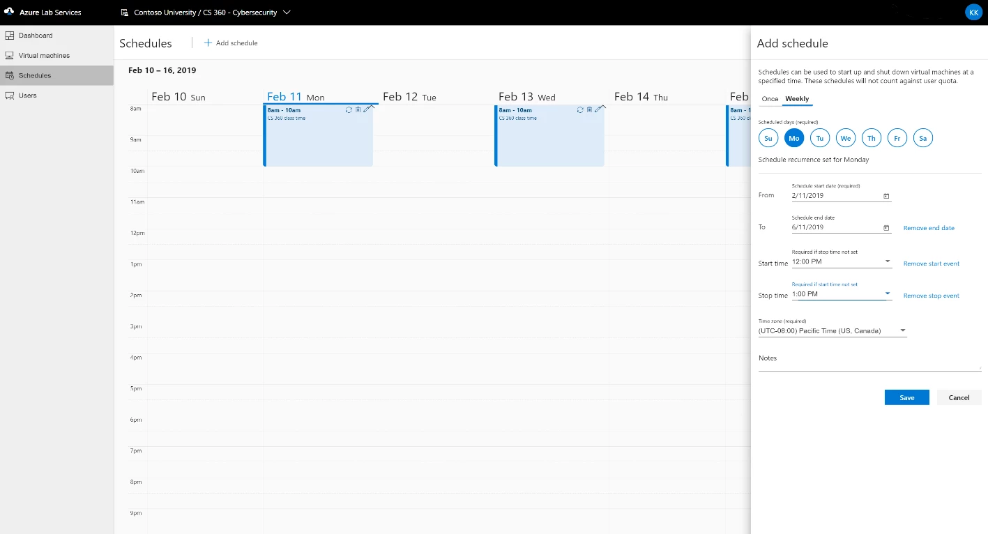 An example screen shot of how to set up scheduled in Azure Lab Services