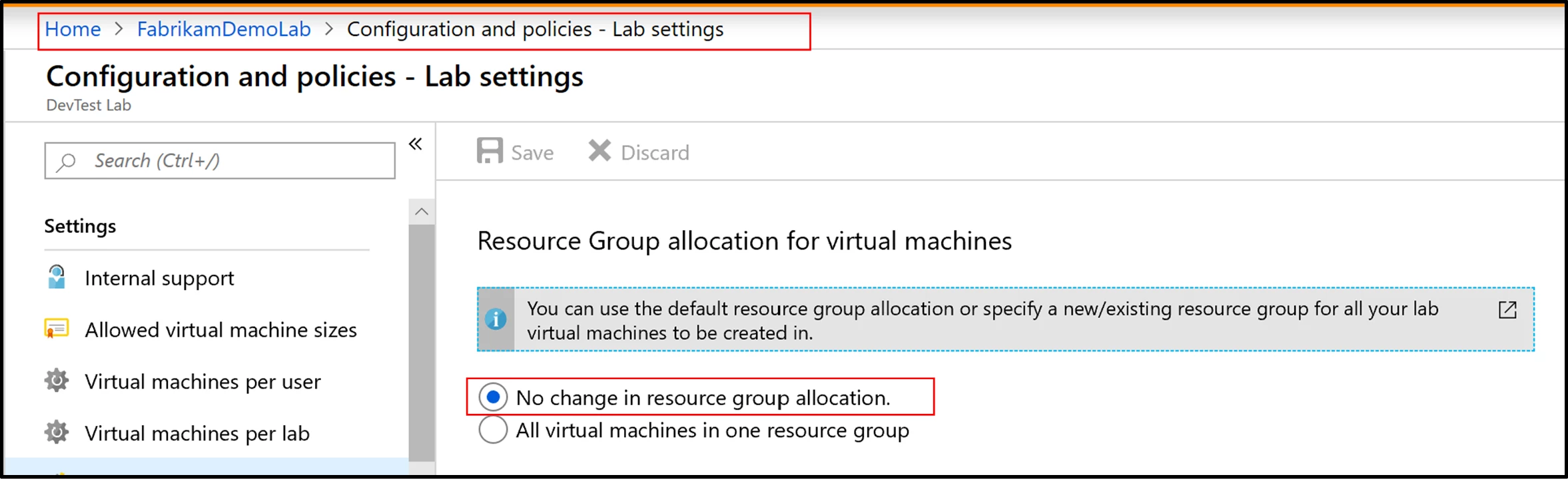 Screenshot of Resource Group allocation for virtual machines