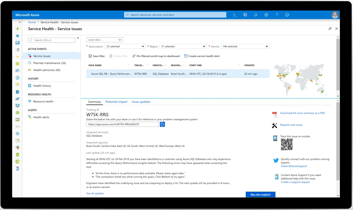 Review active service issues in Azure Service Health