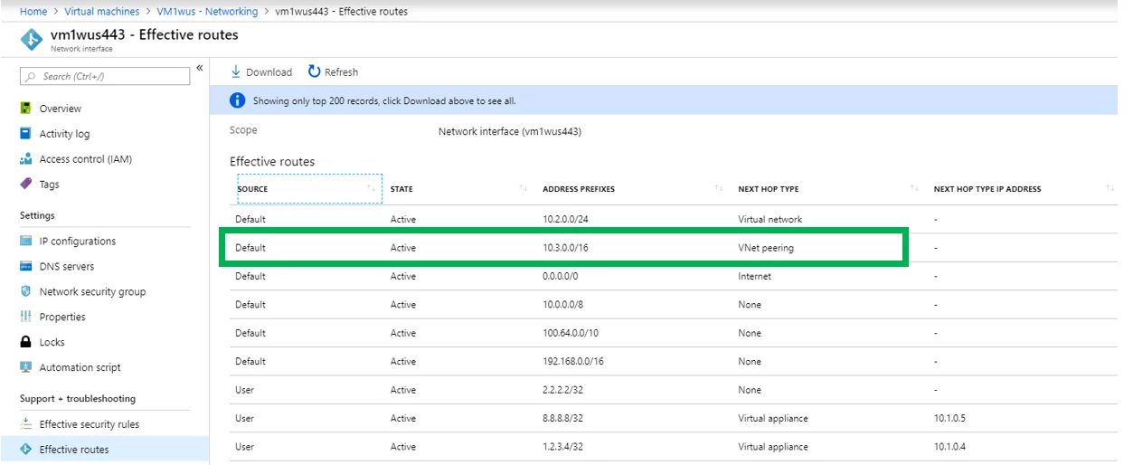 Screenshot display of checking effective routes to confirm VNet peering