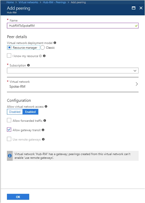 Screenshot displaying how to add peering for Hub-RM