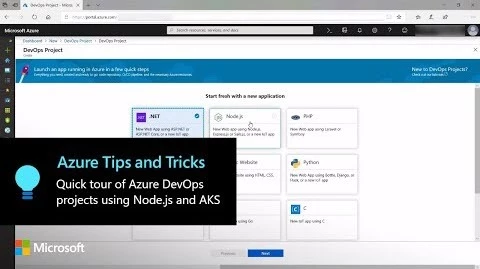 Thumbnail from Azure Tips and Tricks: A quick tour of Azure DevOps projects using Node.js and AKS: Part 1 on YouTube