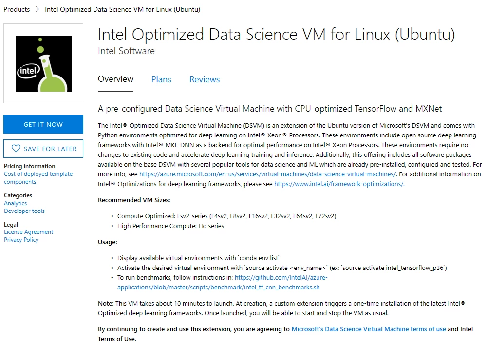 Screenshot of Intel Optimized Data Science VM for Linux in Azure marketplace