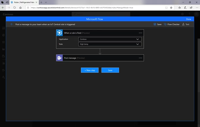 Screenshot showing Microsoft Flow is now embedded in IoT Central