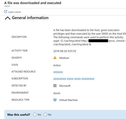 Azure Security Center alert on a file downloaded and executed.