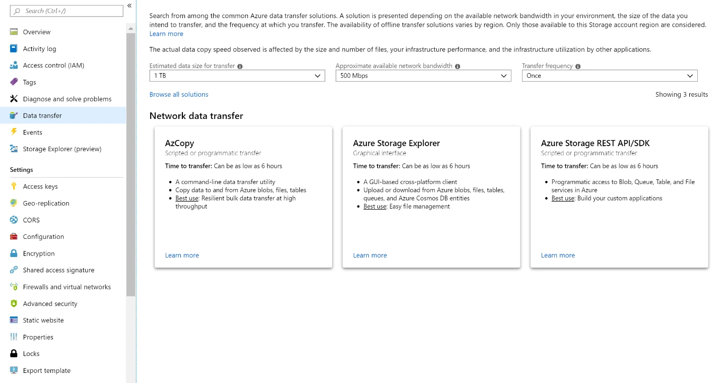 Screenshot of a data transfer in Azure portal