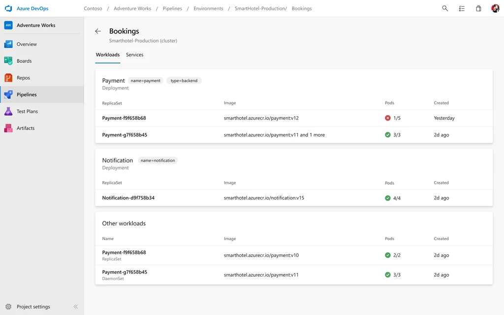 A screenshot of Azure Pipelines showing details of a Kubernetes deployment