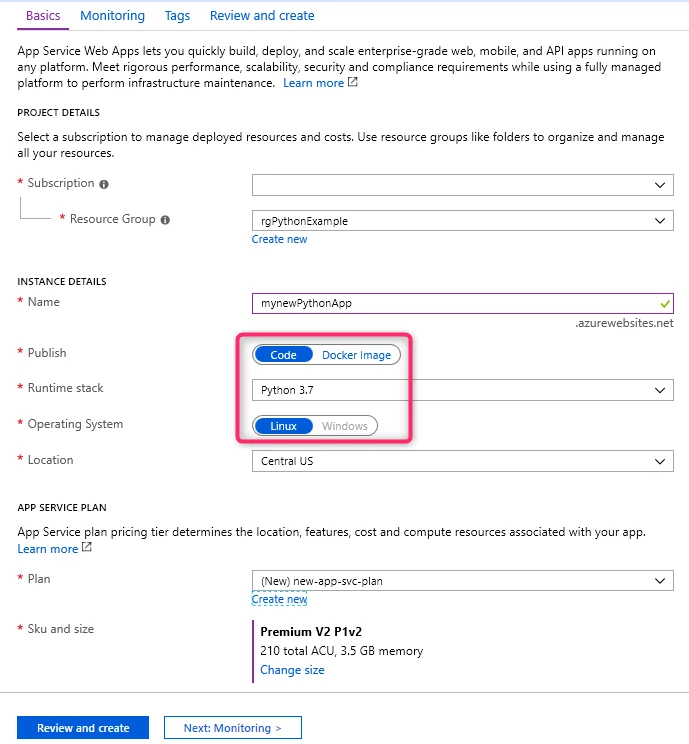Azure App Service presents all the available options for both code and container-based deployments available.