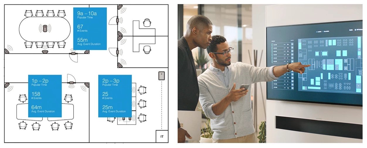 Steelcase has accelerated its IoT development with Azure Digital Twins and the Microsoft Graph, building its Steelcase Workplace Advisor app for facility managers (left) and Steelcase Find app for occupants (right).