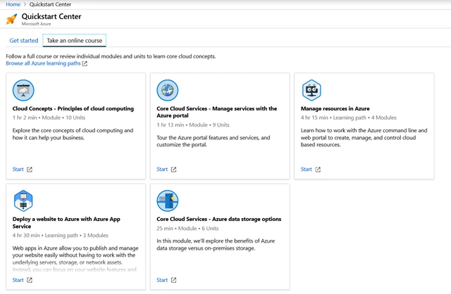 Screenshot showing the available online learning options to build Azure skills and knowledge