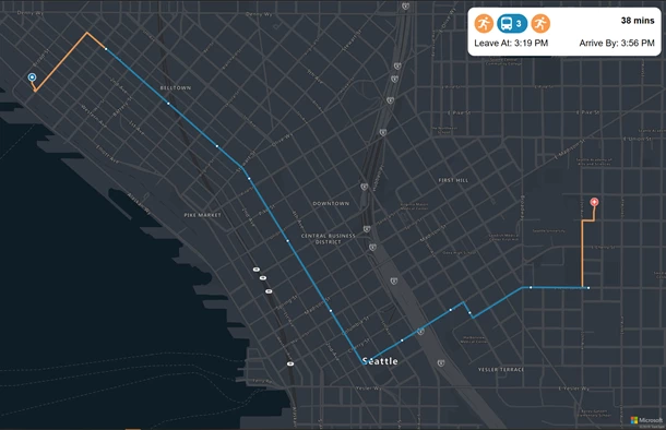 Request public transit routes and visualize routes on map.