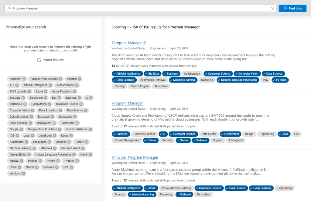 An image of the Worldwide Learning personalized jobs search demo UI