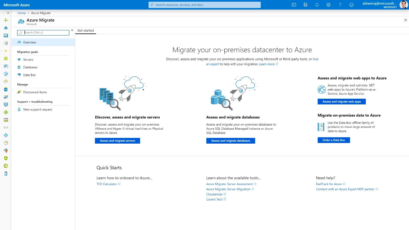 Microsoft Azure portal displaying the Azure Migrate overview