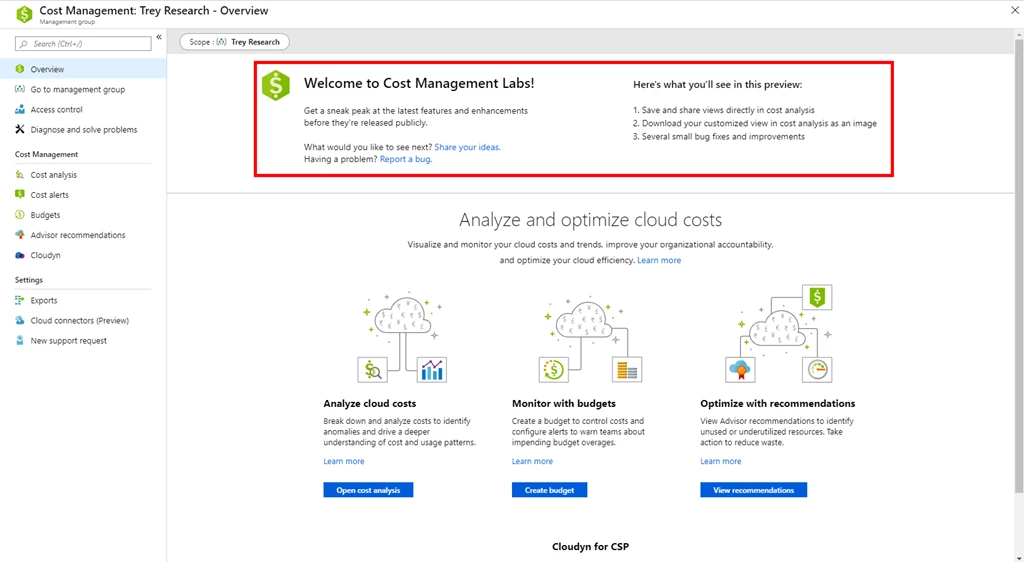 An image showing the Cost Management Labs overview tab.