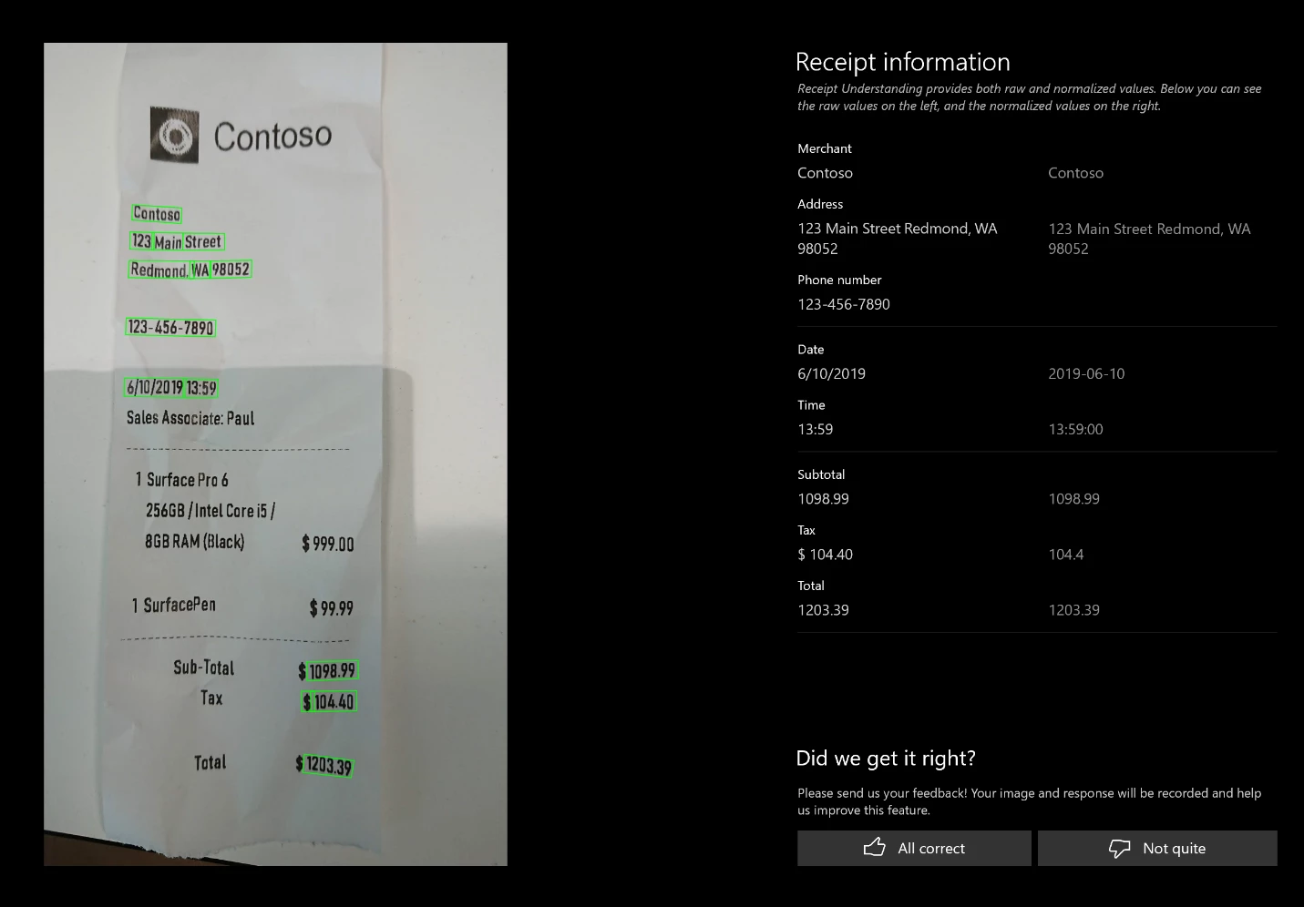 Sample receipt with extracted information from Form Recognizerâ€™s new prebuilt receipt feature