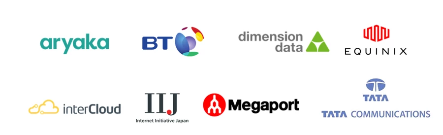 An image showing the logos for our partners including: Tata Communications, Aryaka, InterCloud, Megaport, British Telecommunications, Internet Initiative Japan, Nippon Telegraph and Telephone Corporation (NTT), Equinix